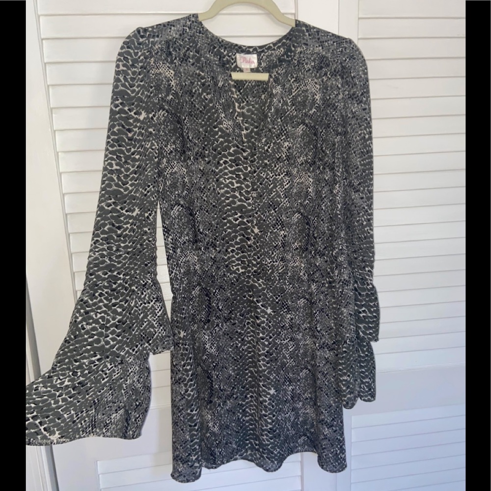 Parker snakeskin, ruffle sleeve dress